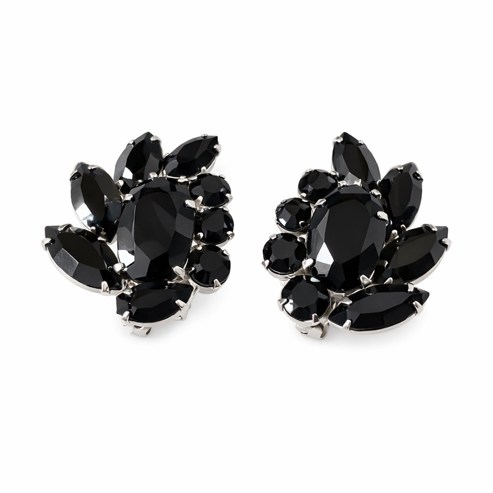 Vintage Black Rhinestone Cluster Clip-On Earrings Statement Glam Retro